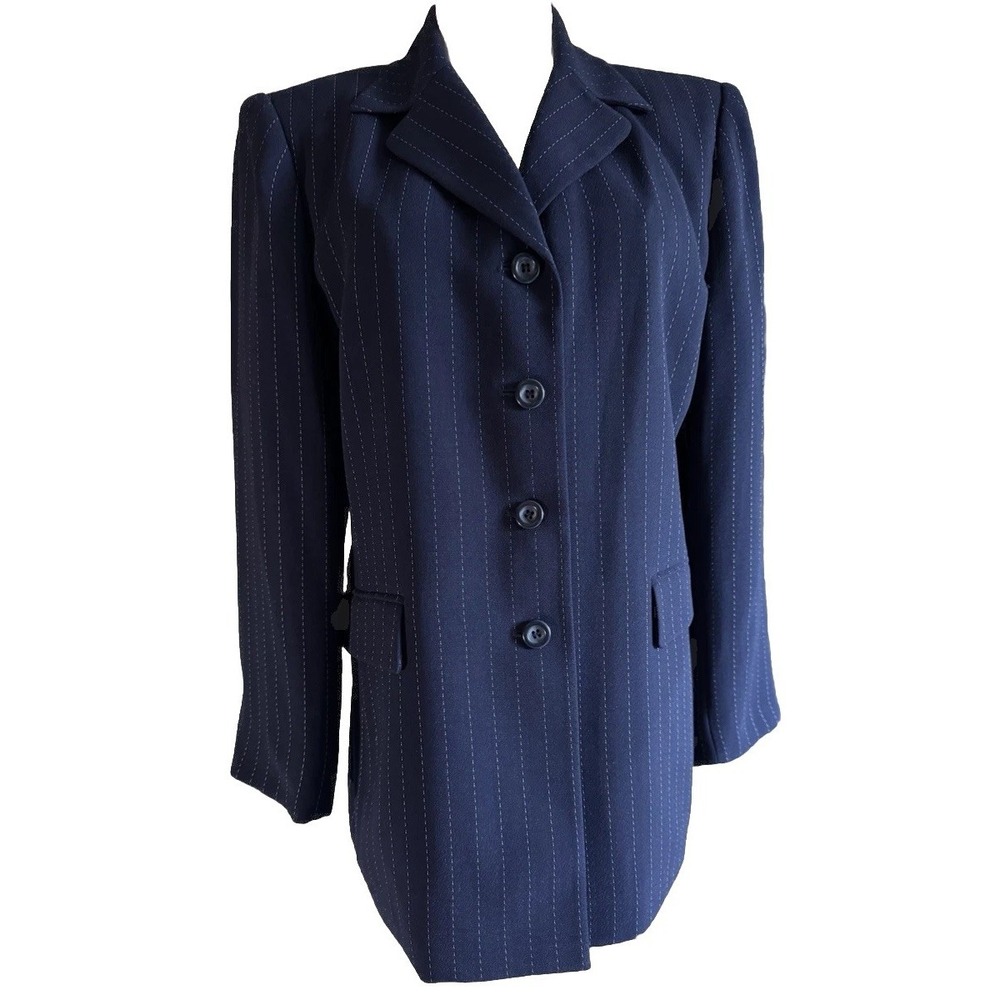 Vintage Le Suit Petite 14P Navy Pinstripe Pantsuit Career Blazer Slacks